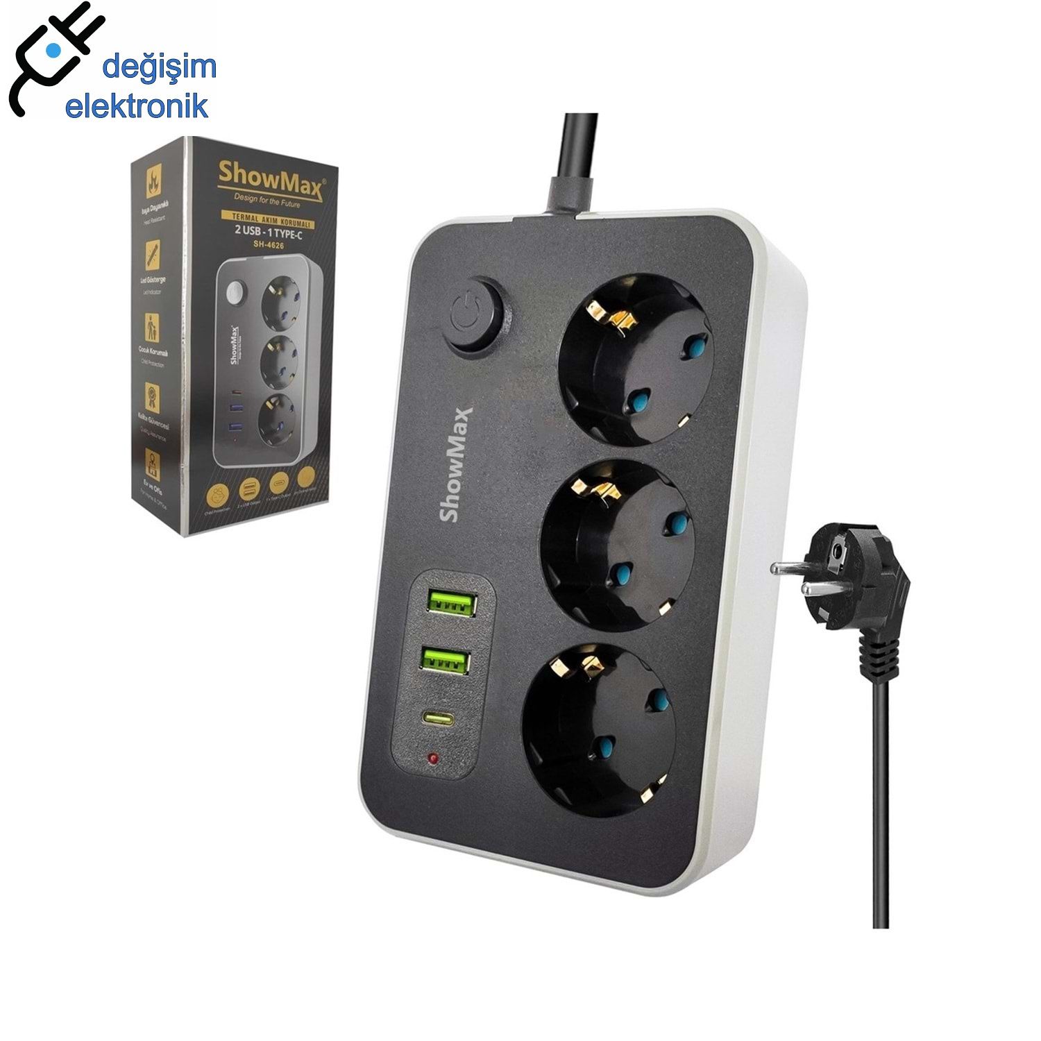 Sh-4626 Termal Akım Korumalı Priz 2 Metre (3 Priz + 2 Usb + 1 Type-C)