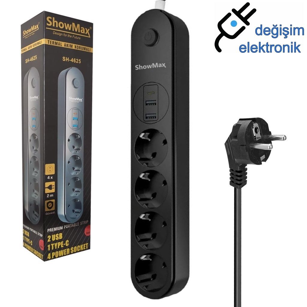 Sh-4625 2 Metre 4lü Termal Akım Korumalı Priz (2 Usb + 1 Typc-e)