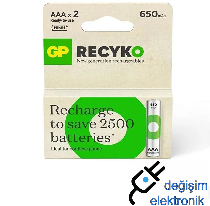 GP Recyko 650 Mah R03 AAA Şarjlı 2'li İnce Kalem