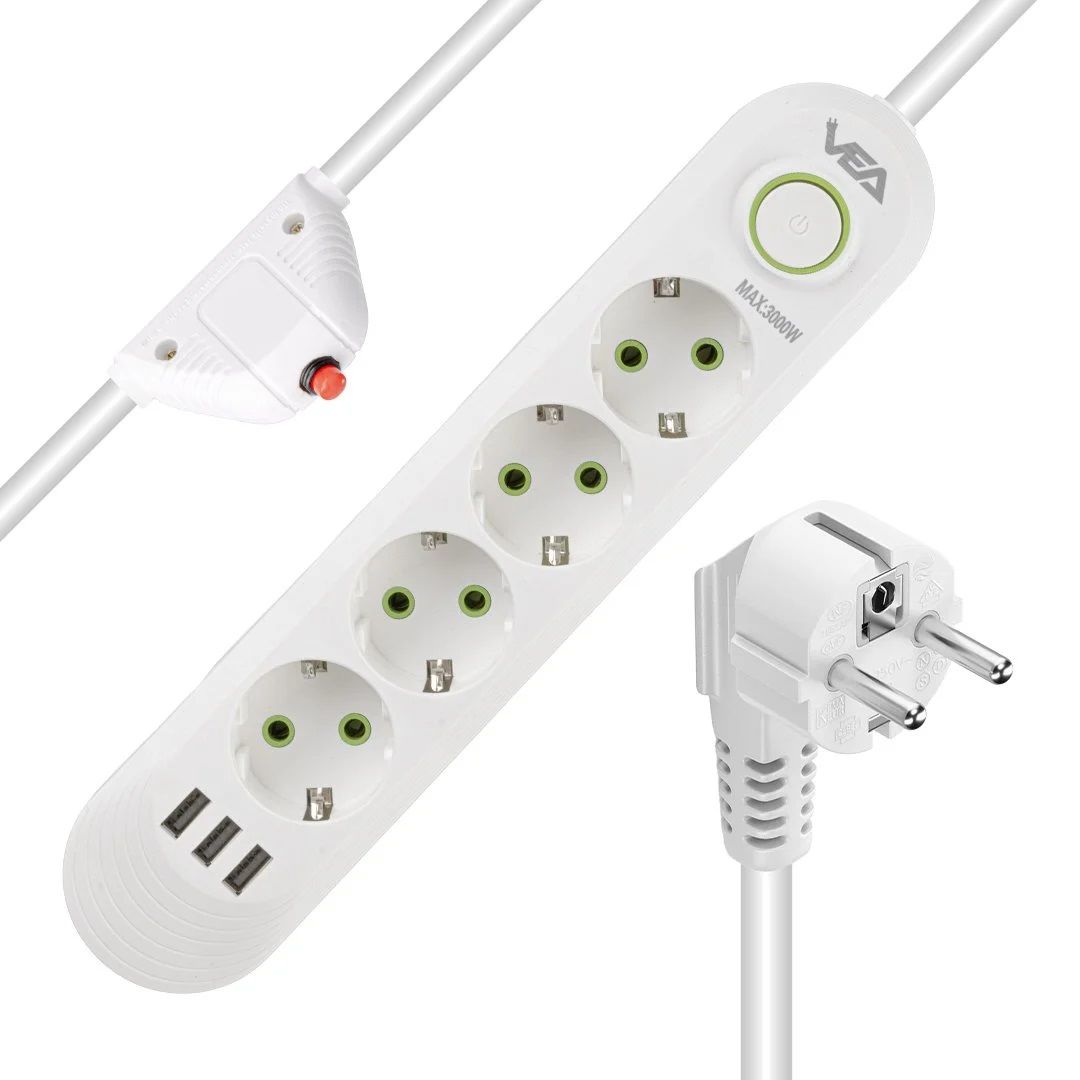 4'lü 3 Usb'li 1.5 Metre Akım Korumalı Priz Vea Va-21560