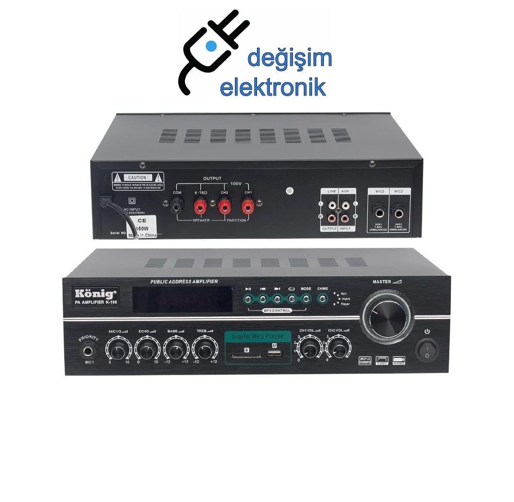 König K-166 150 Watt 4-8 Ohm USB-SD Kumandalı 3 Mik.Giriş Hat Trafolu Anfi